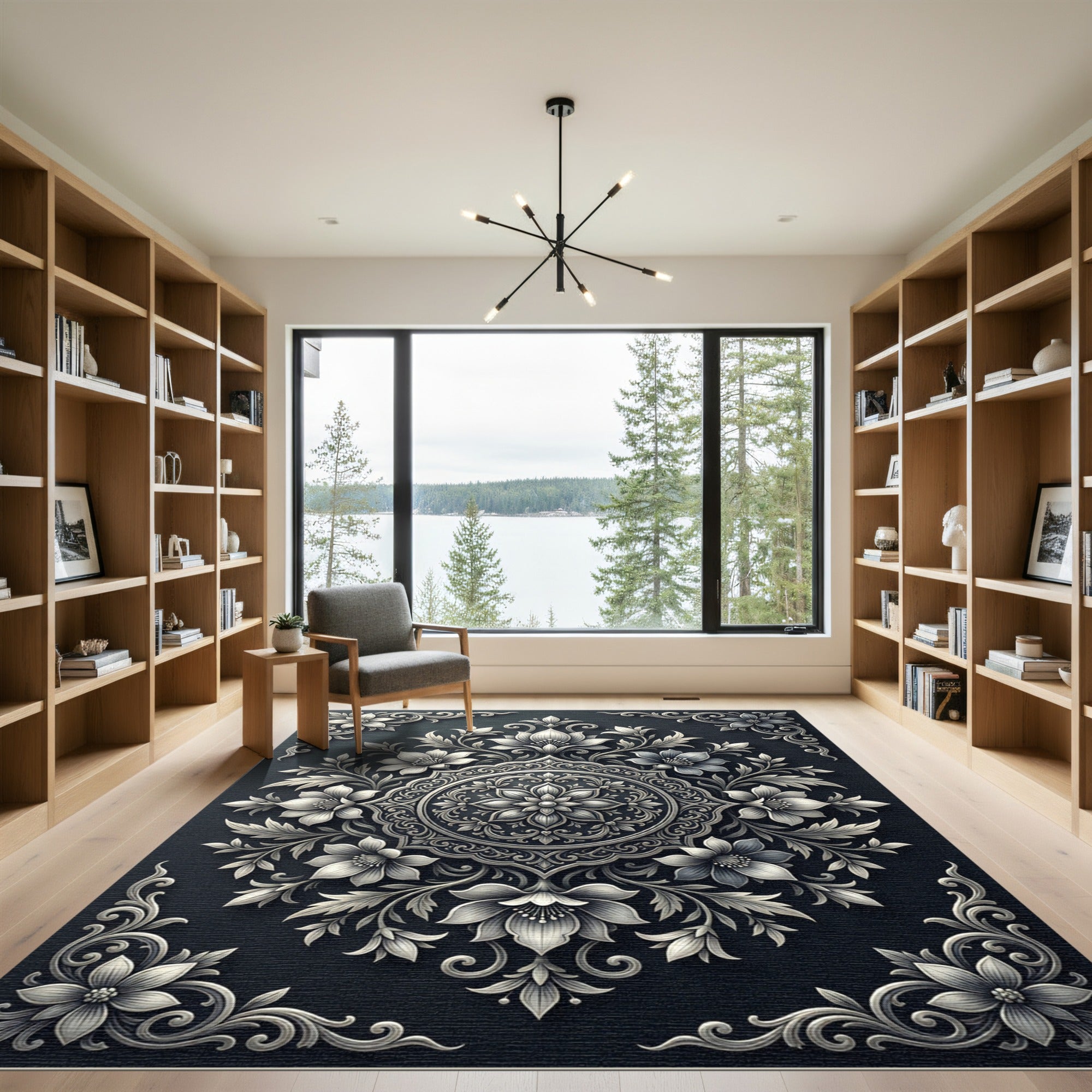 Intricate Floral Medallion Black and White Rug