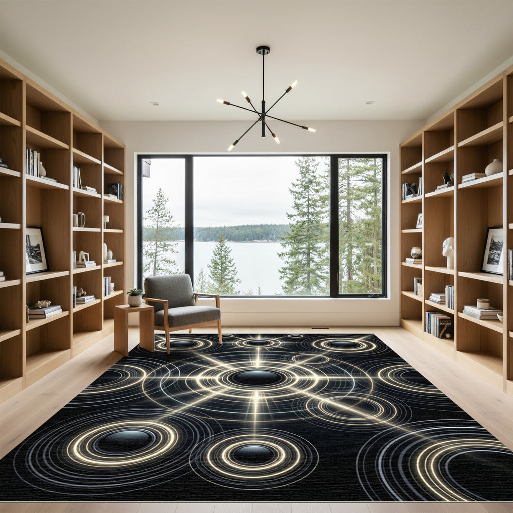 Radiant Black Gold Concentric Circles Rug