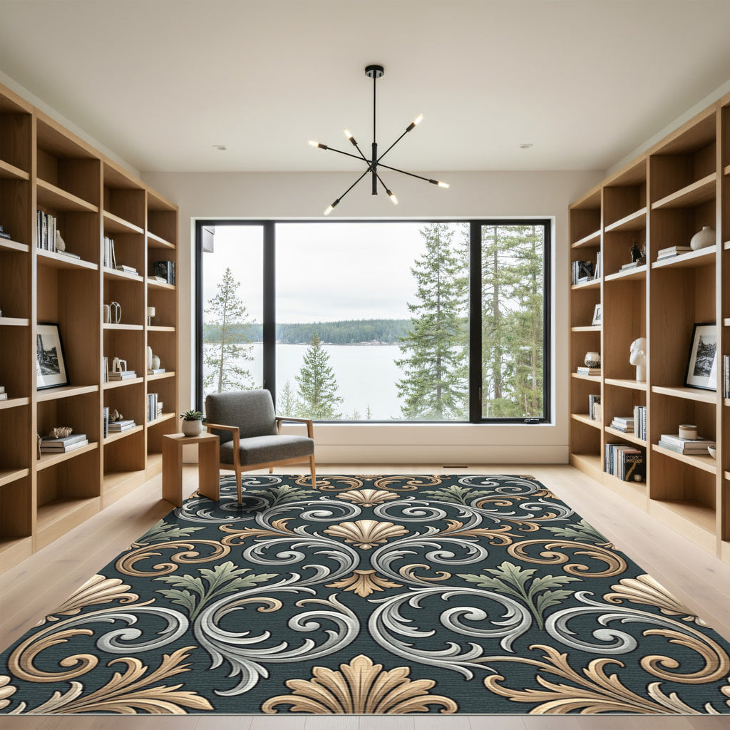 Ornate Shell Scrollwork Aubergine Rug