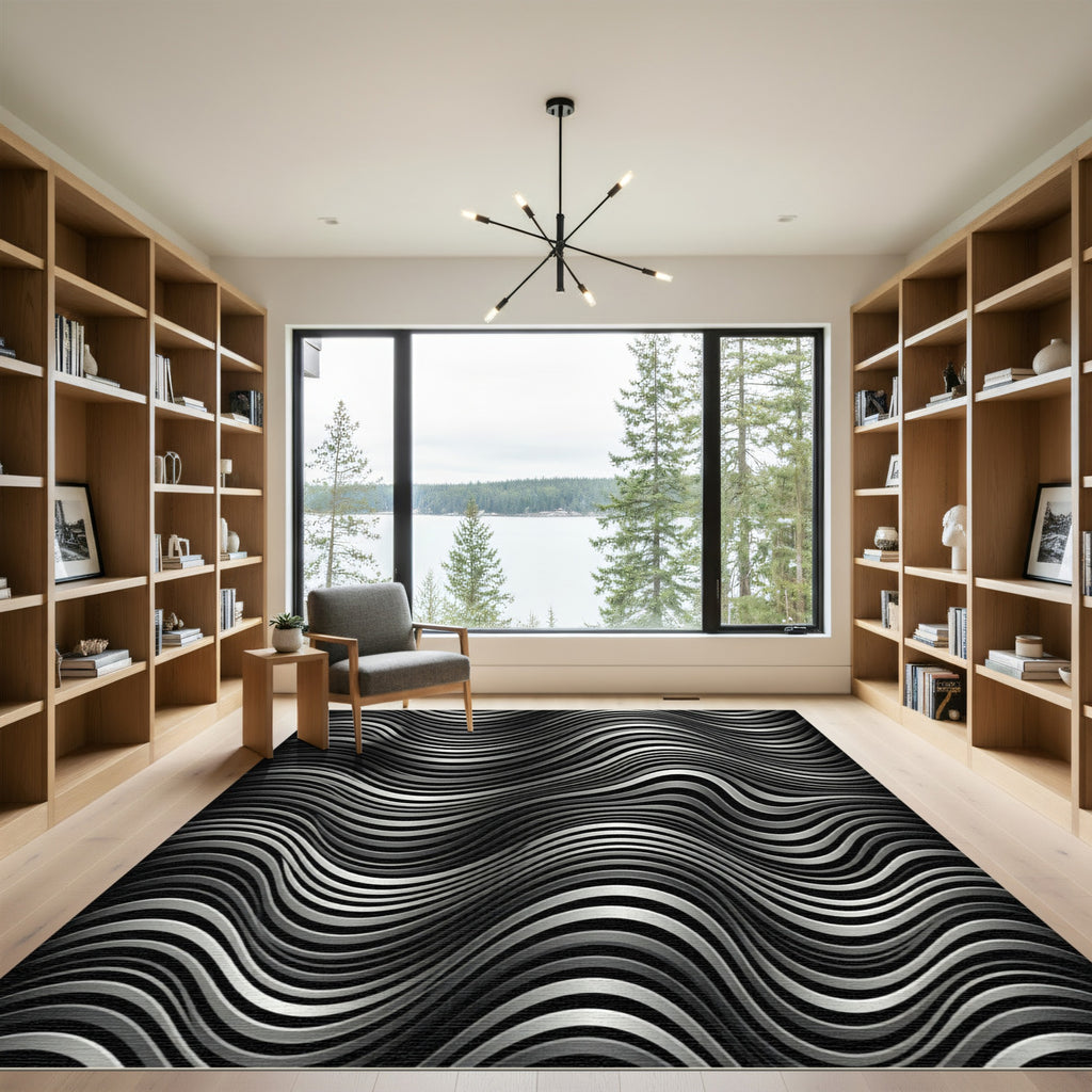 Silver Black Wavy Stripe Illusion Rug