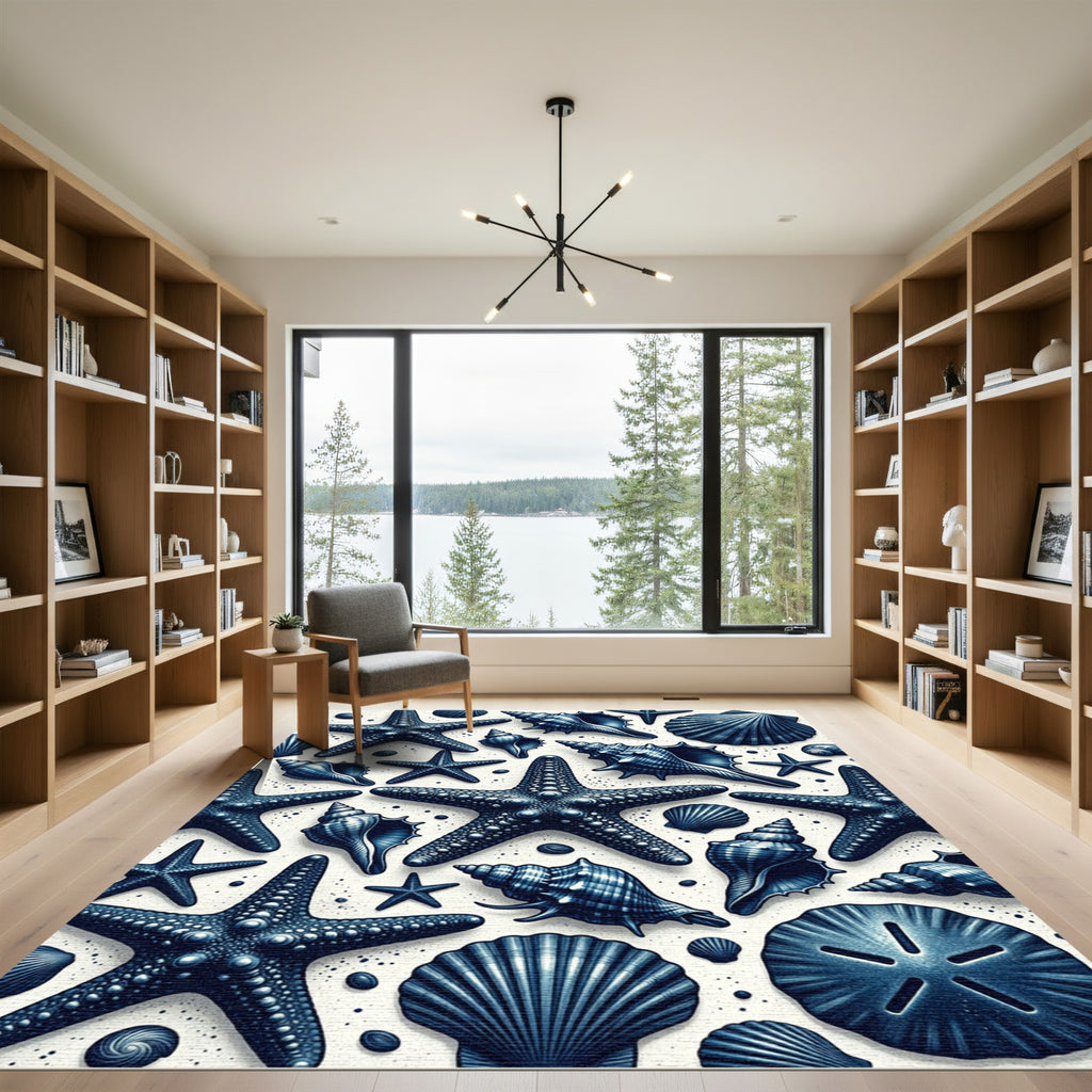 Indigo Starfish Seashell Collage Rug