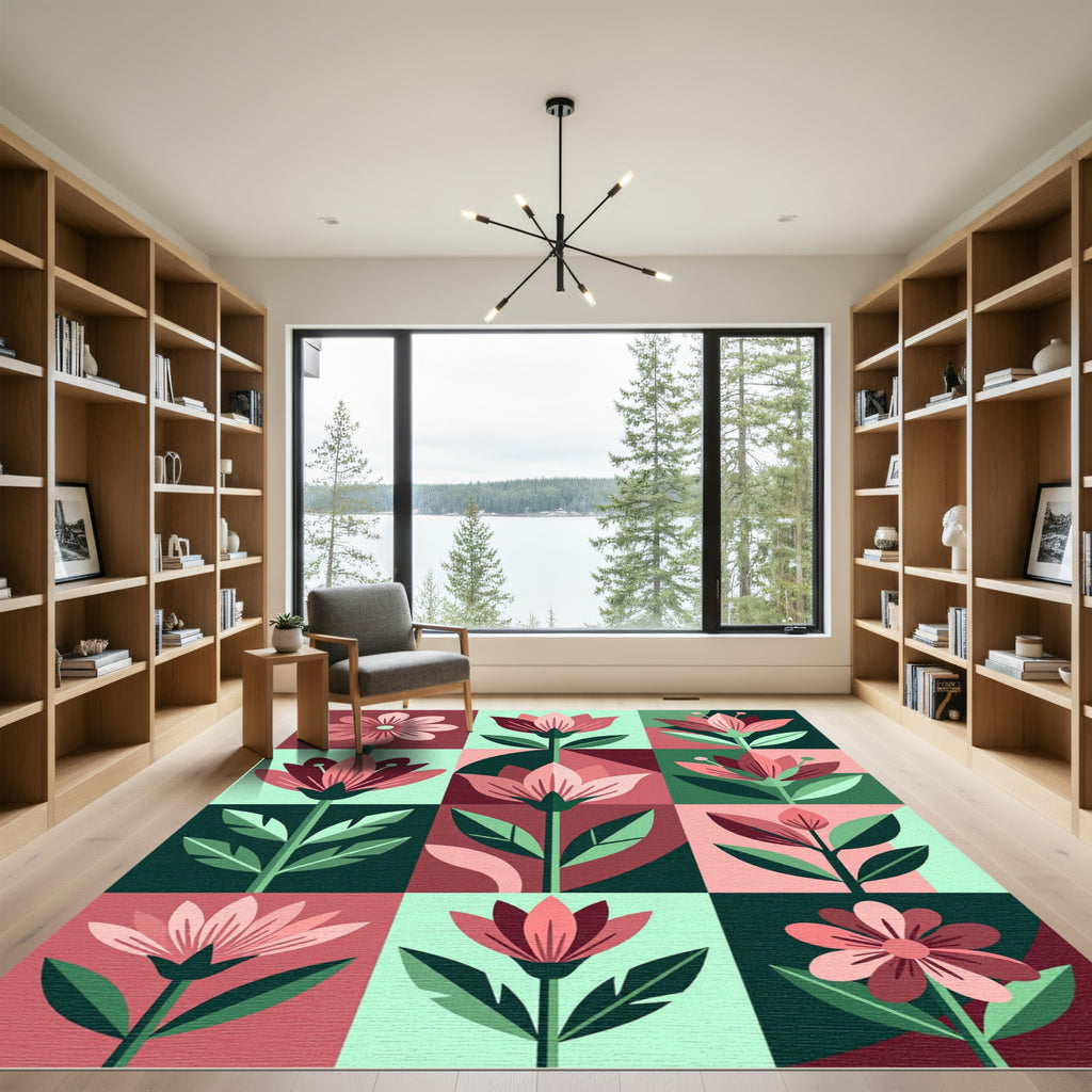 Modern Pink Floral Geometric Tile Rug