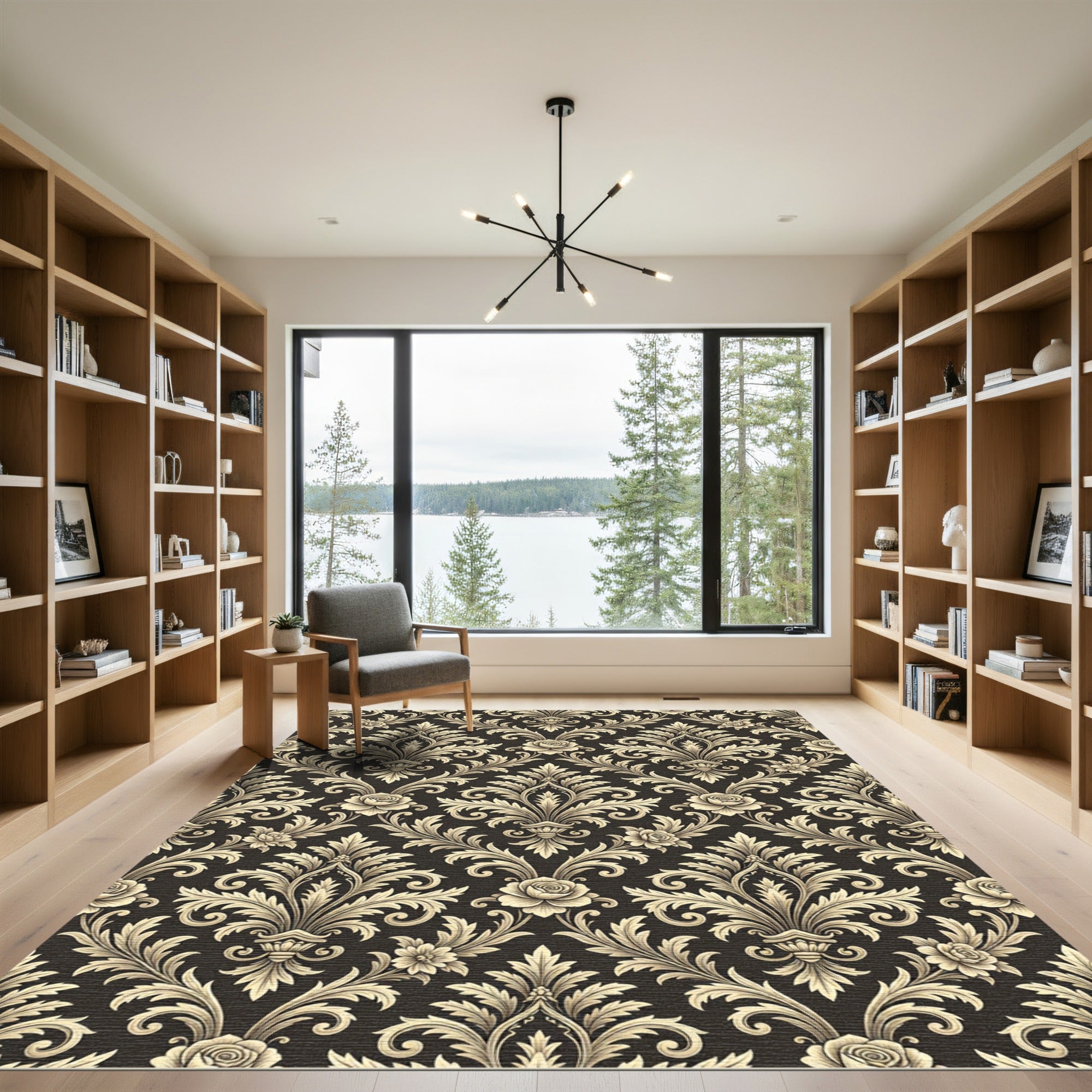 Golden Floral Damask Scroll Rug