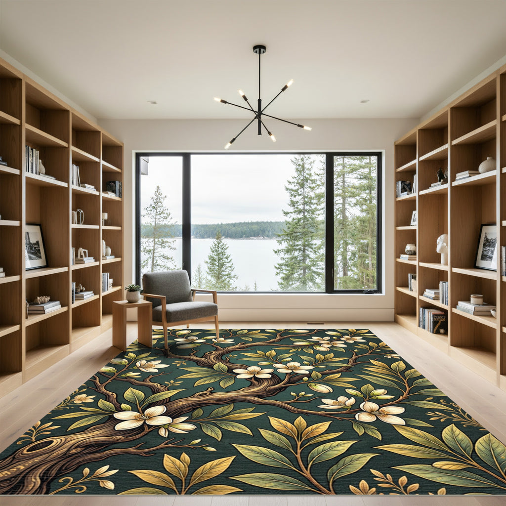 Golden White Blossoms on Forest Green Rug