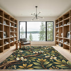 Golden White Blossoms on Forest Green Rug