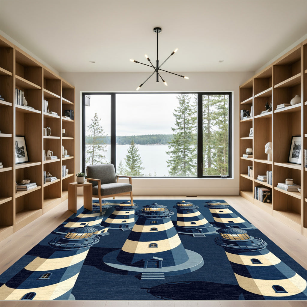 Navy Blue Striped Lighthouse Nautical Illustration Rug