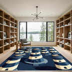 Navy Blue Striped Lighthouse Nautical Illustration Rug