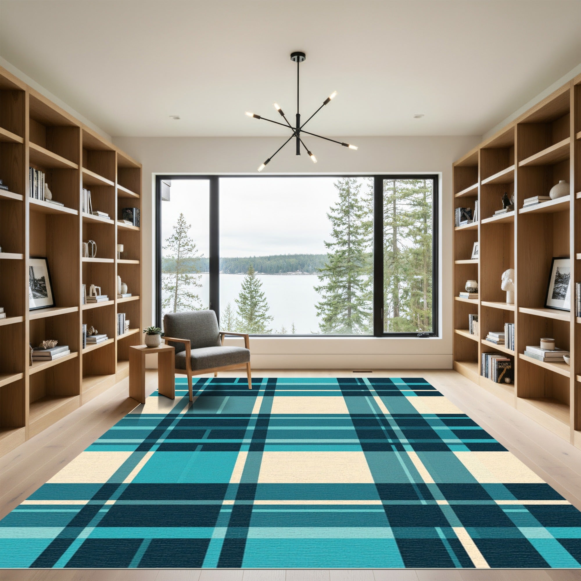 Deep Teal Beige Plaid Lines Rug