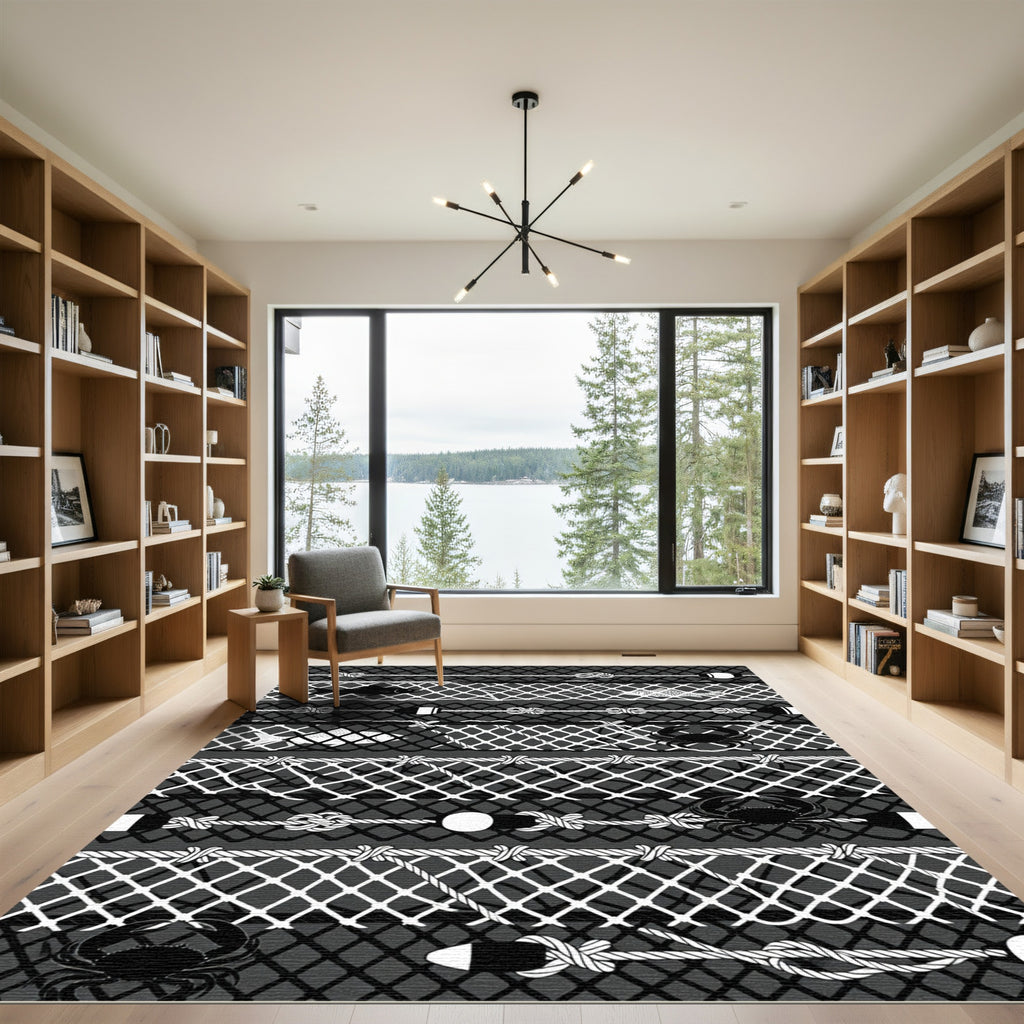 Monochrome Nautical Fish and Crab Grid Rug