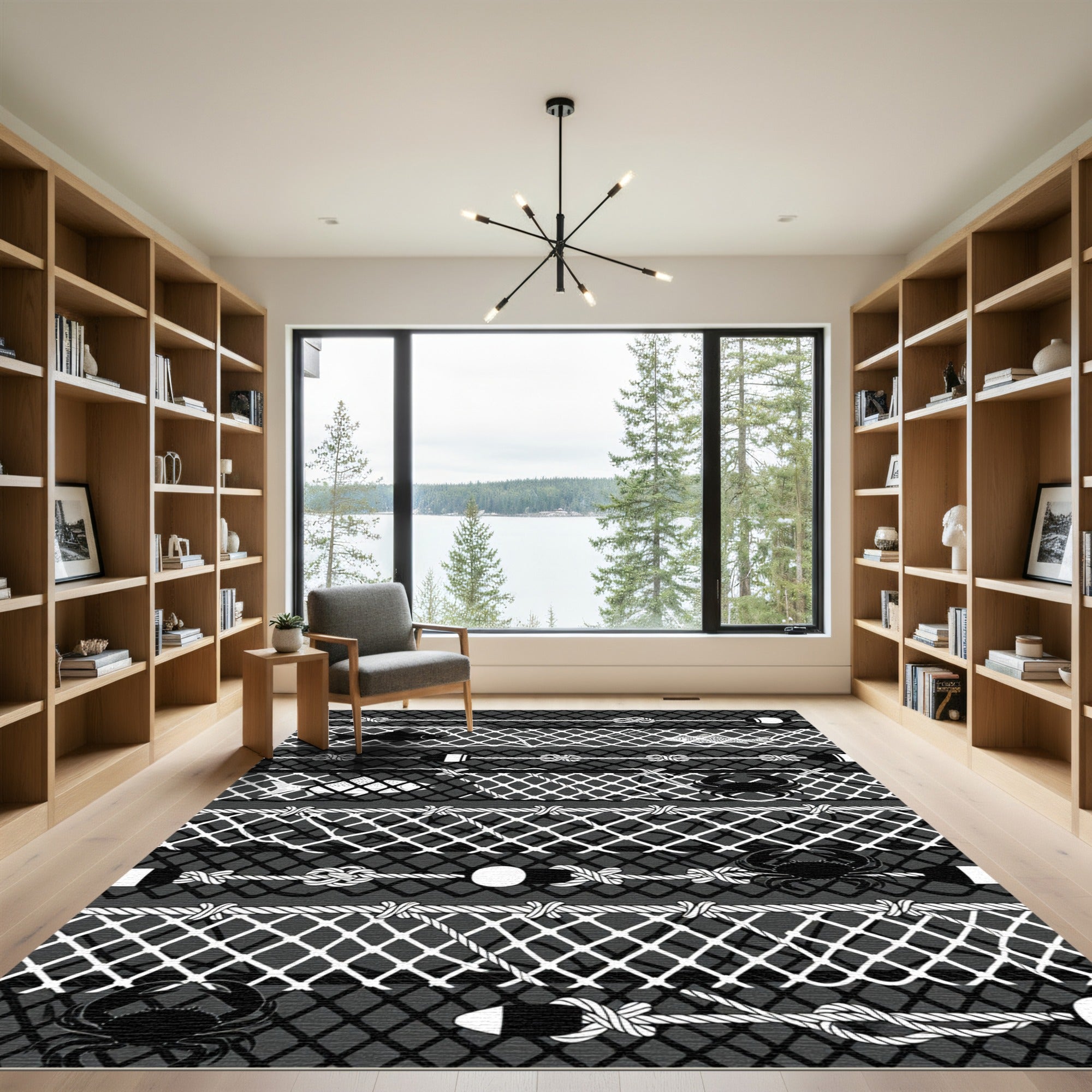 Monochrome Nautical Fish and Crab Grid Rug