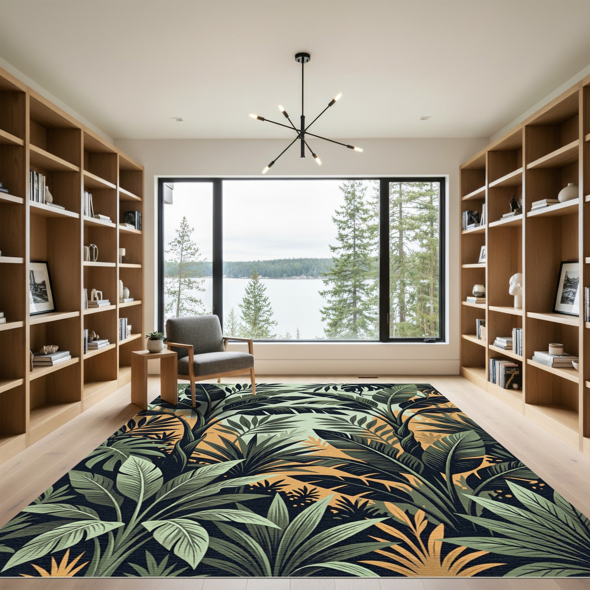 Lush Tropical Foliage Green Gold Banana Leaf Rug