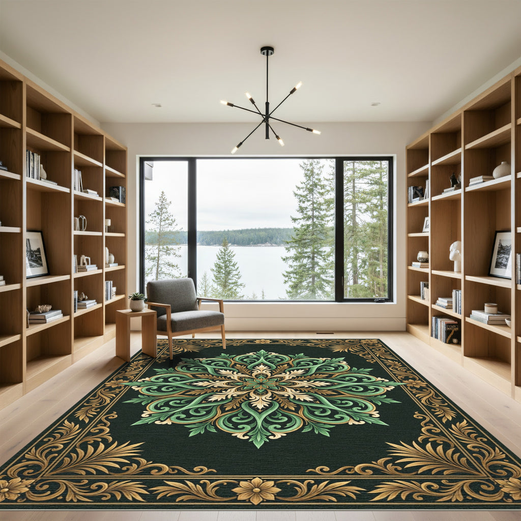 Elegant Green Gold Ornate Medallion Rug