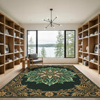 Elegant Green Gold Ornate Medallion Rug