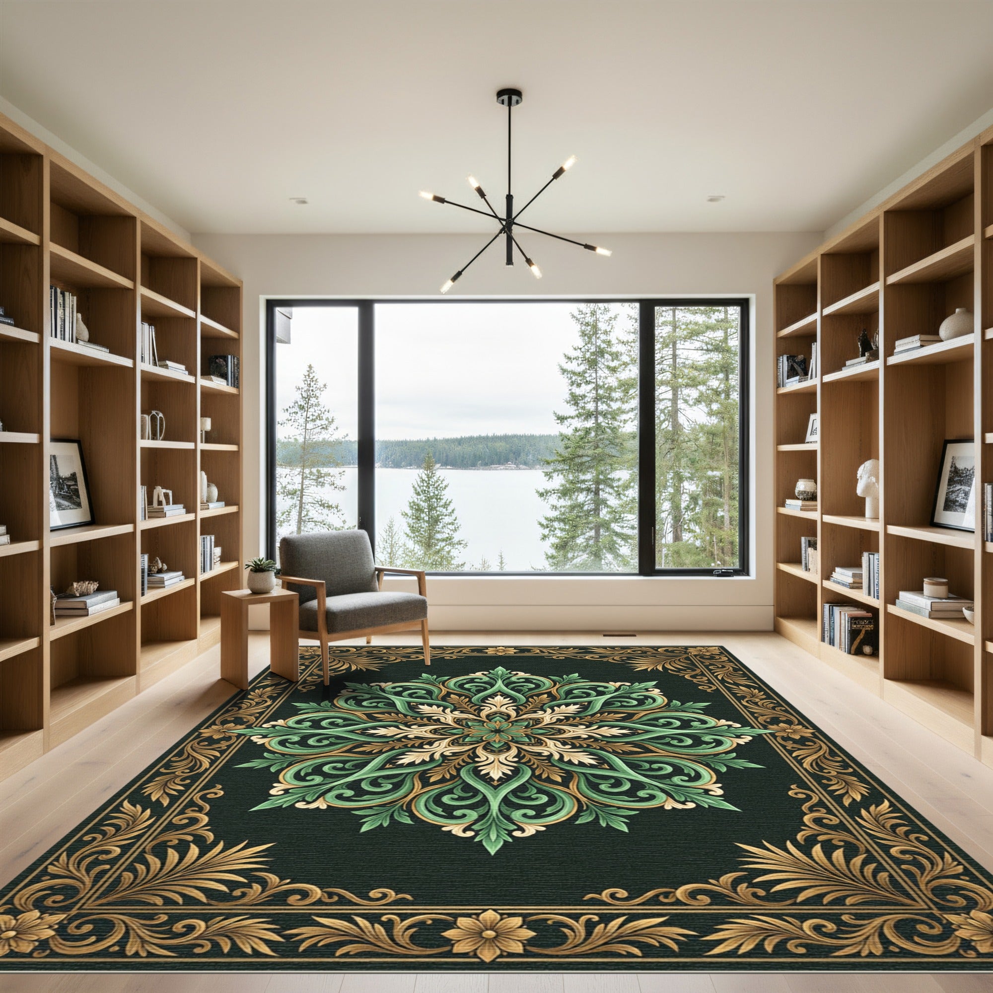 Elegant Green Gold Ornate Medallion Rug