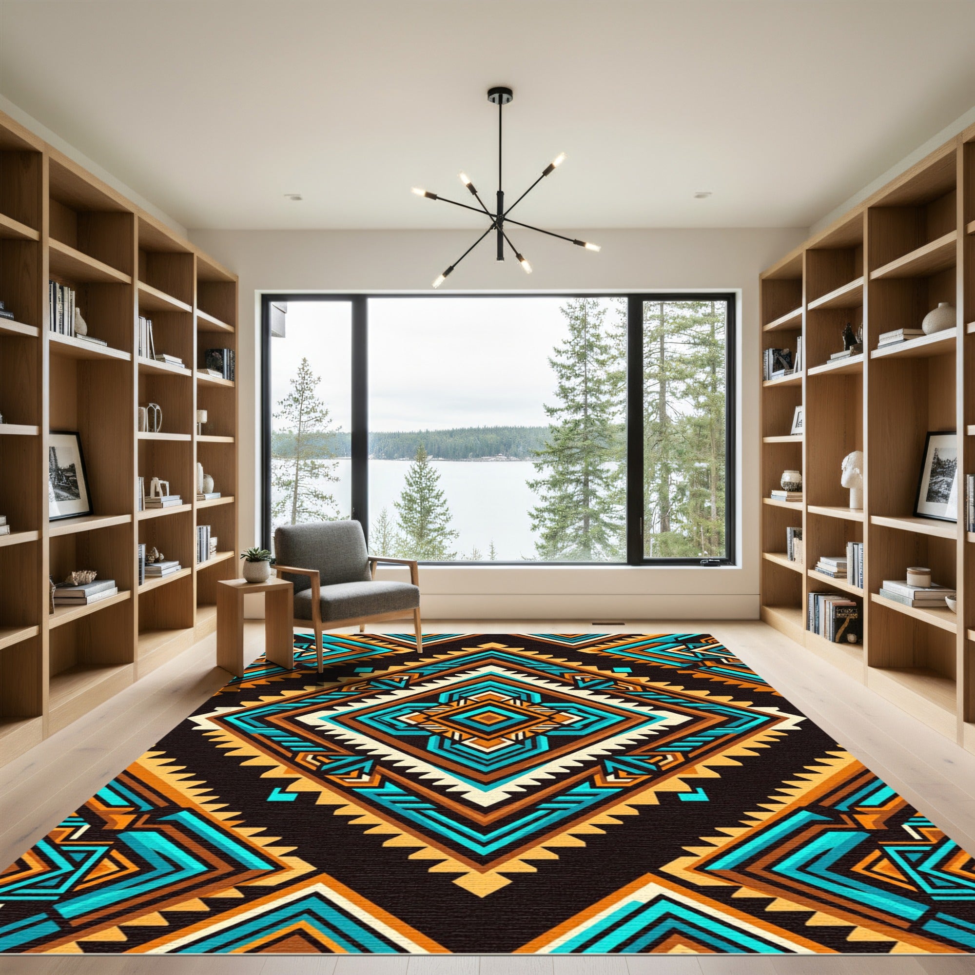 Vibrant Turquoise and Amber Geometric Diamond Rug