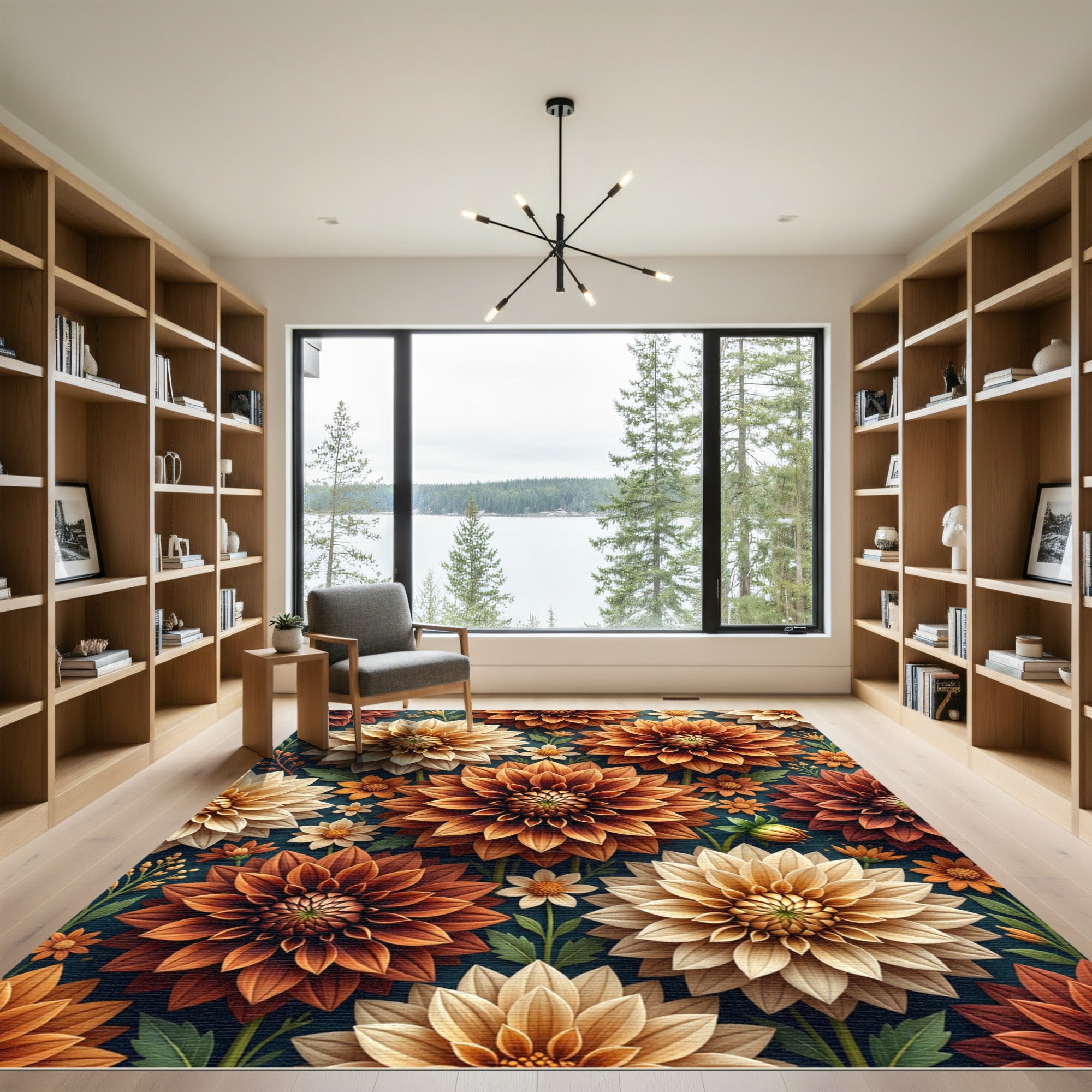 Golden Autumn Dahlia Floral Botanical Rug