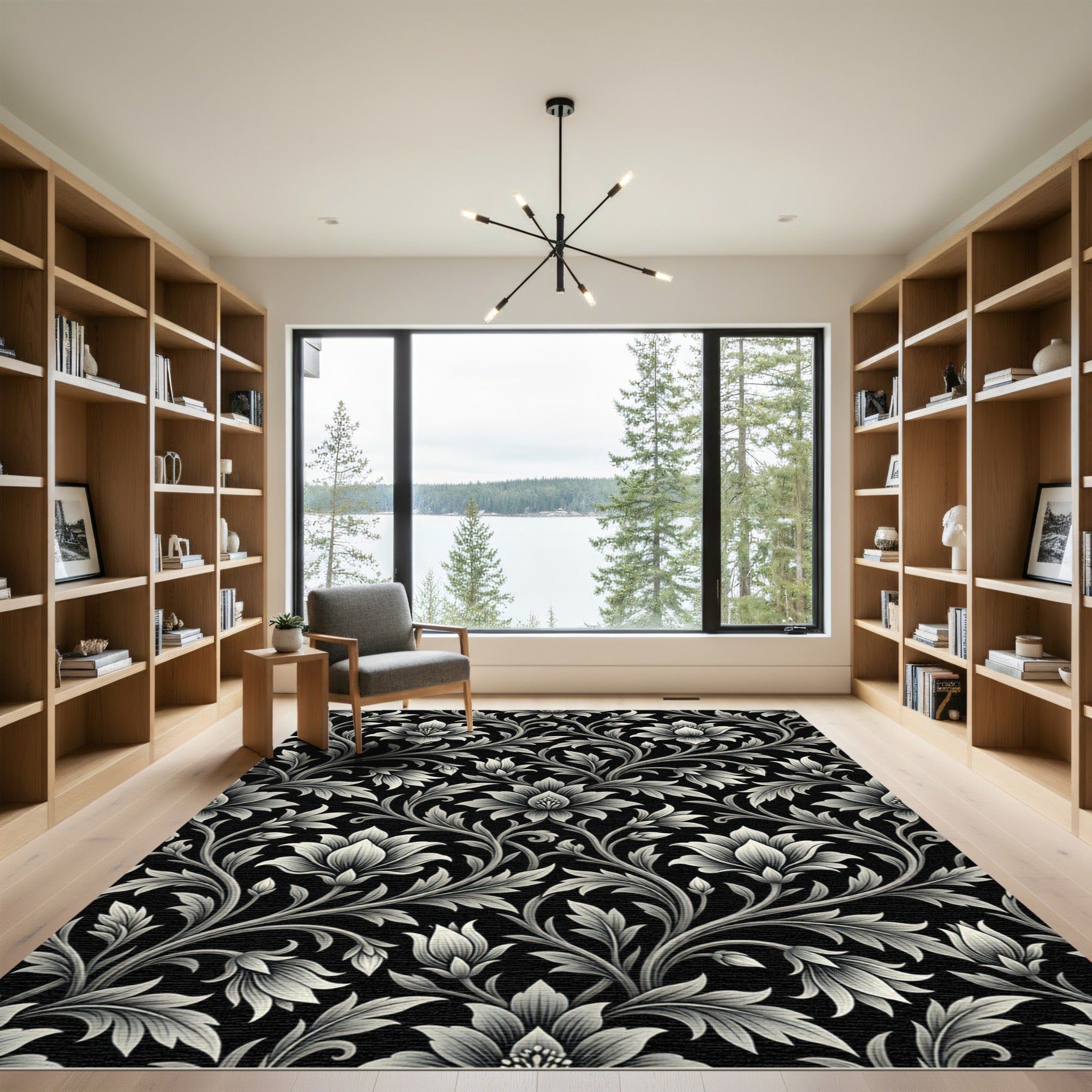 Monochromatic Black Floral Vine Rug