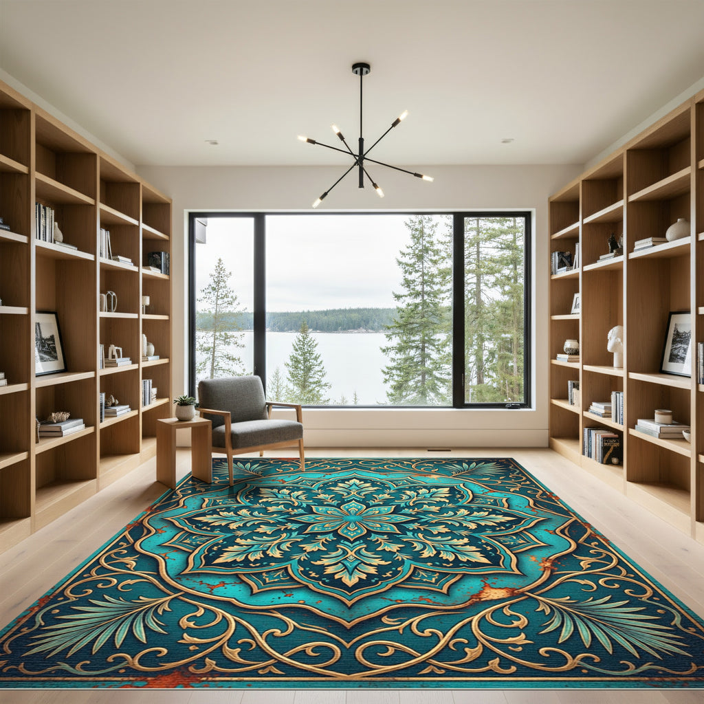 Teal Floral Medallion with Ornate Filigree Rug