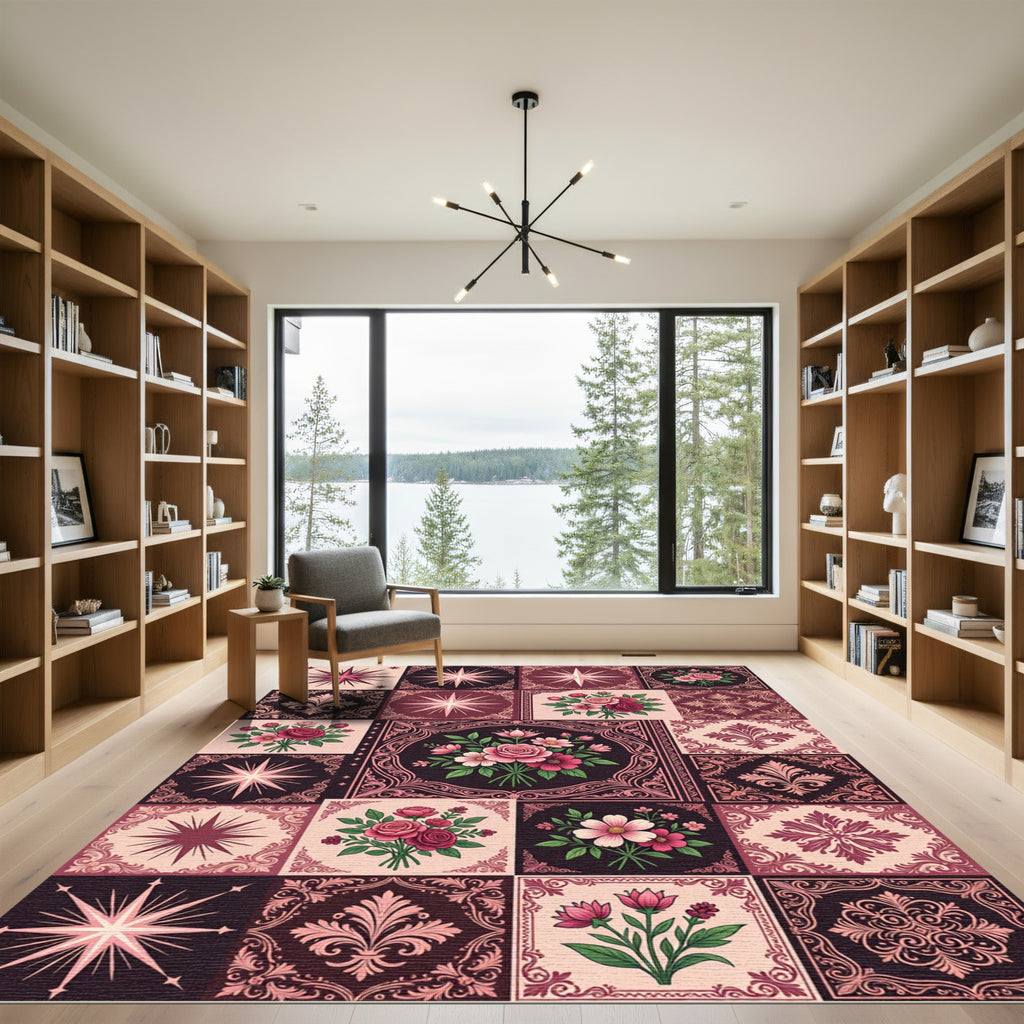 Vintage Floral Starburst Tile Collage Rug