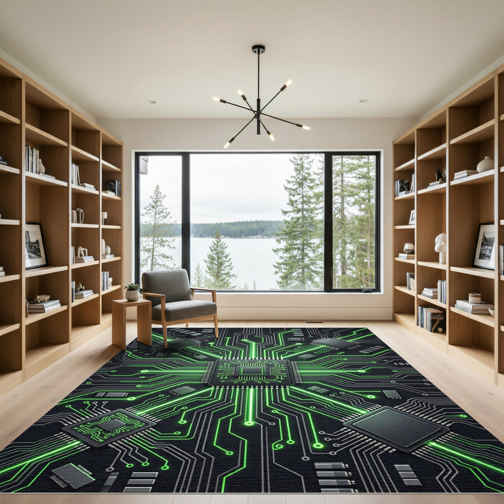 Neon Circuit Board Cyber Tech Glow Rug