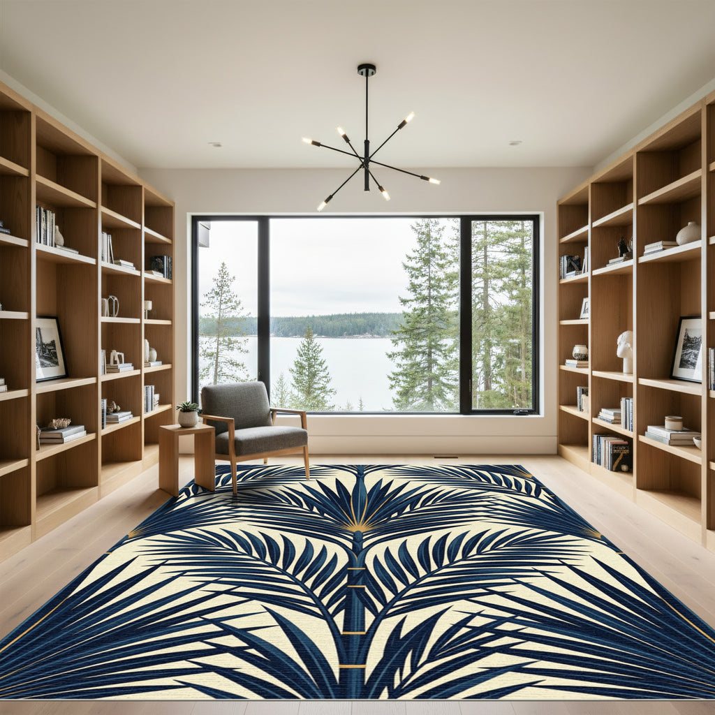 Art Deco Navy Gold Palm Fronds Rug