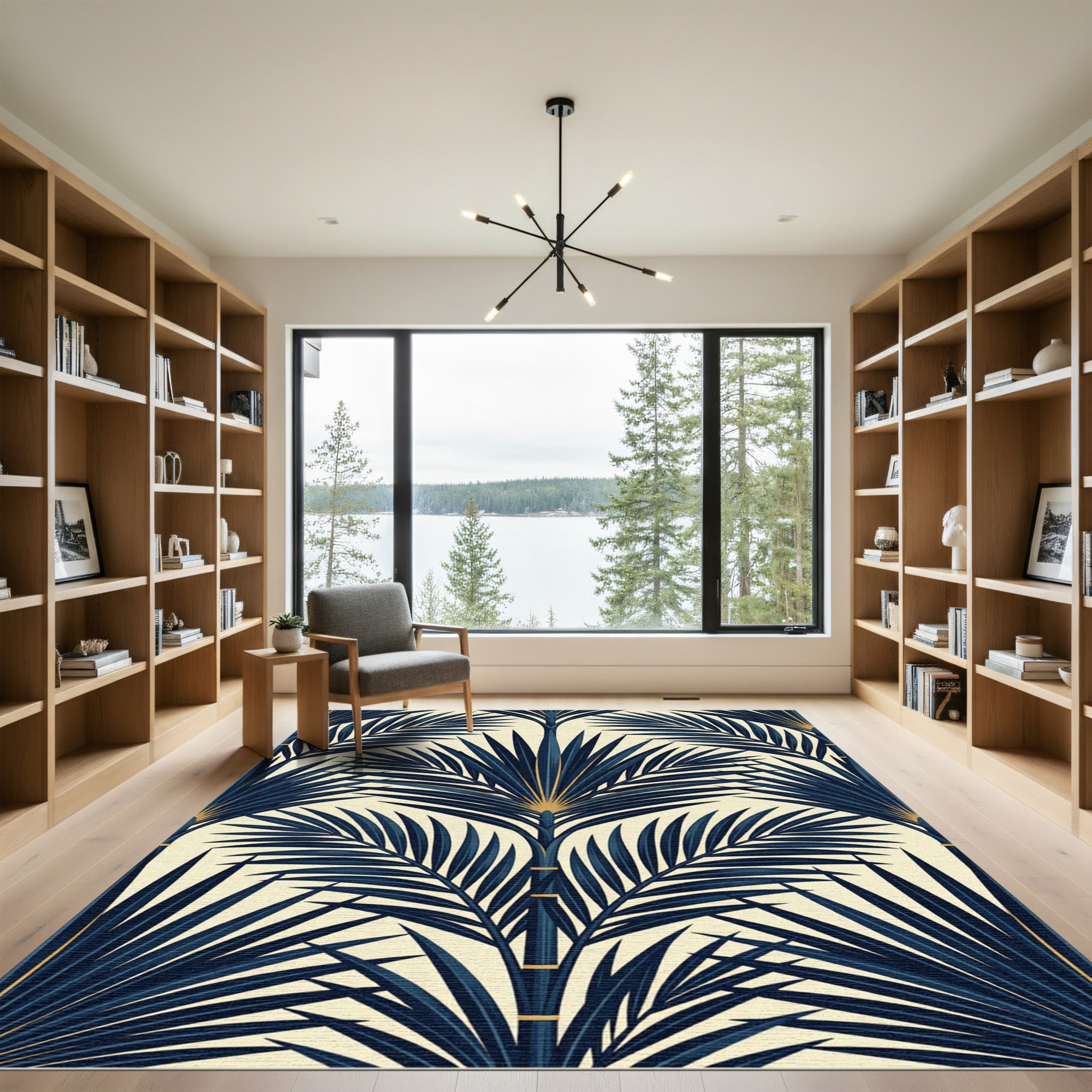 Art Deco Navy Gold Palm Fronds Rug