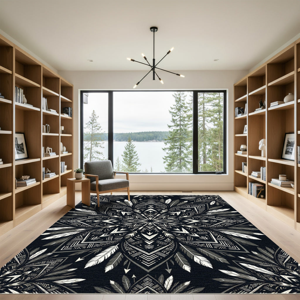 Monochromatic Feather Tribal Mandala Art Rug