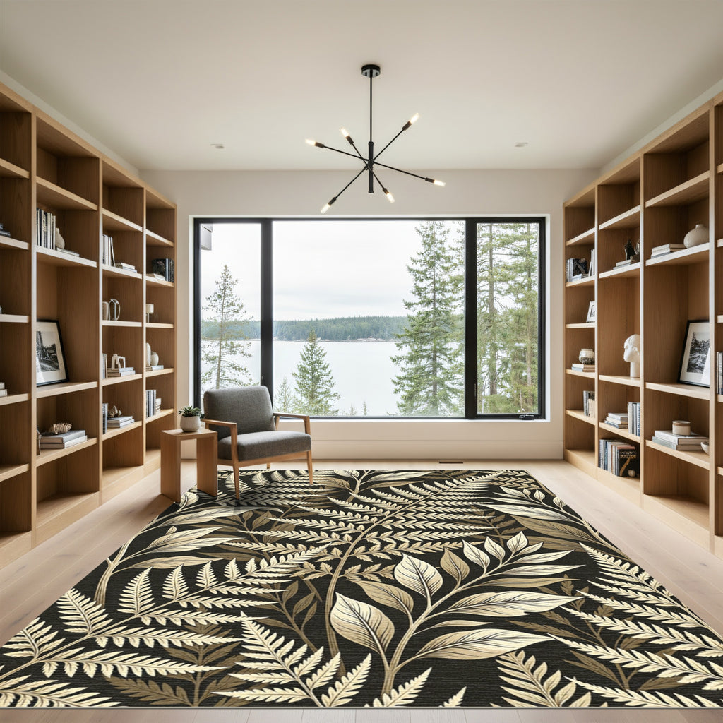 Neutral Botanical Fern Leaf Art Rug