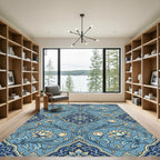 Intricate Blue Floral Damask Medallion Rug