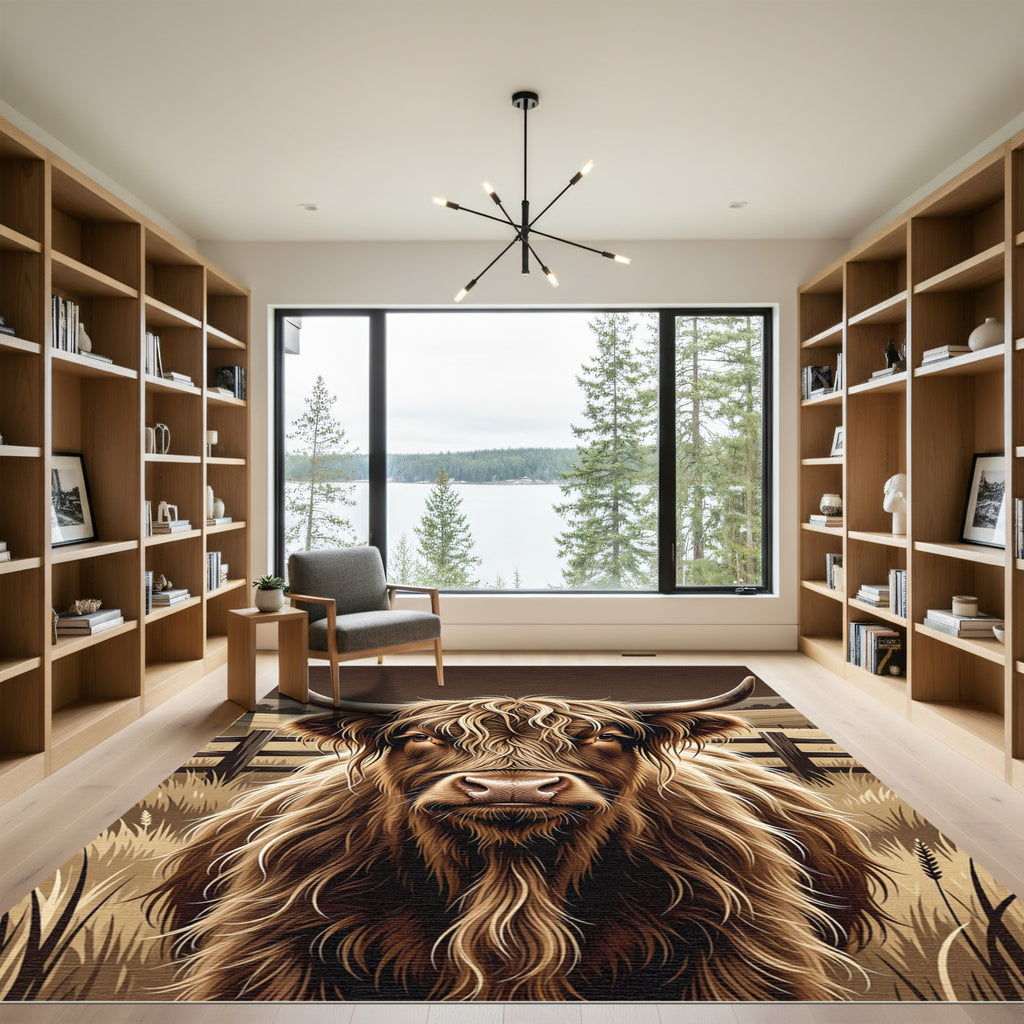 Majestic Highland Cow Portrait Earthy Tones Rug