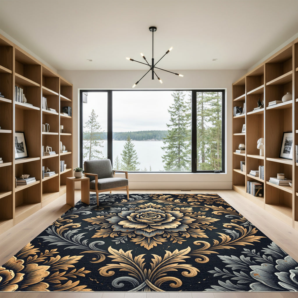 Elegant Gold and Silver Floral Medallion Rug