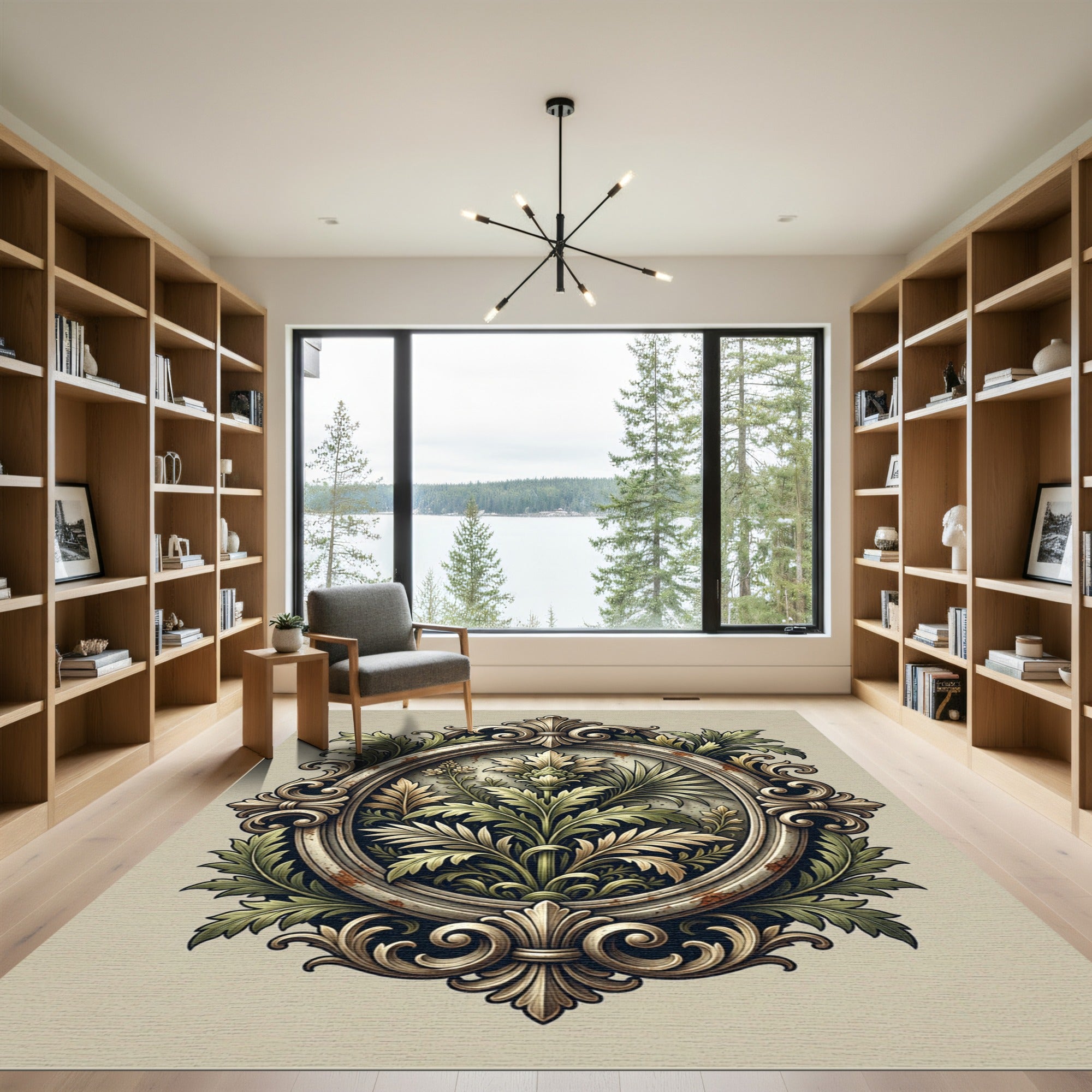Ornate Green Floral Oval Emblem Rug