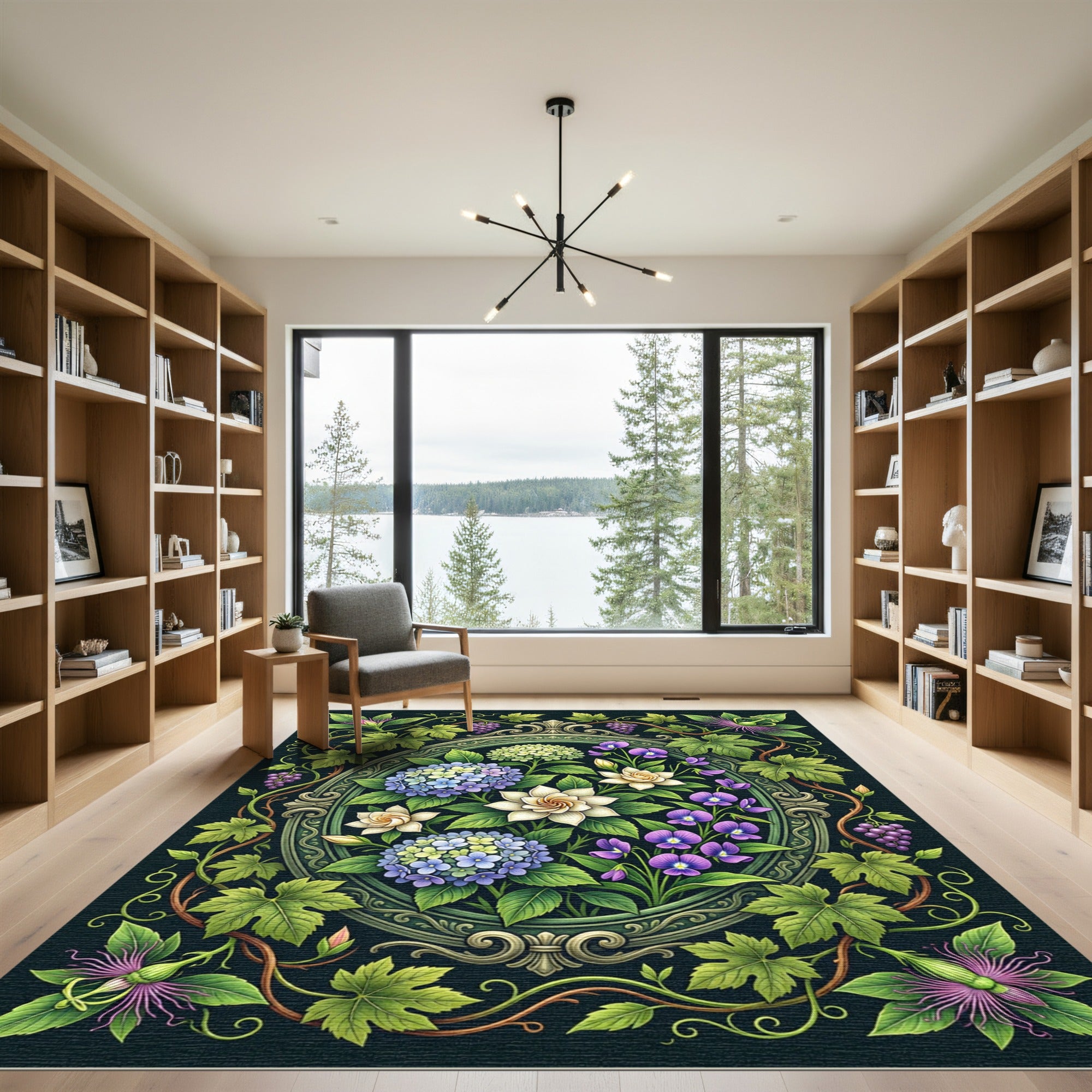 Vintage Botanical Hydrangea Vine Oval Focal Rug
