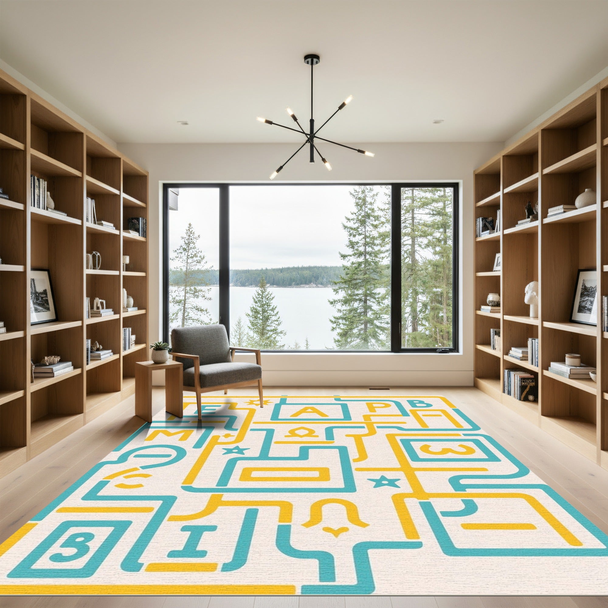 Turquoise Yellow Abstract Alphabet Labyrinth Rug