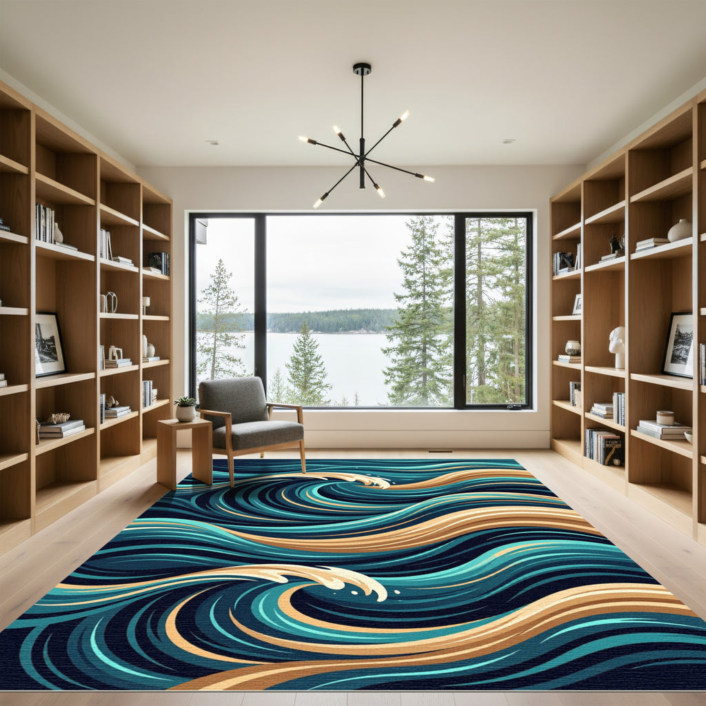 Earthy Blue Swirling Wave Ocean Art Rug