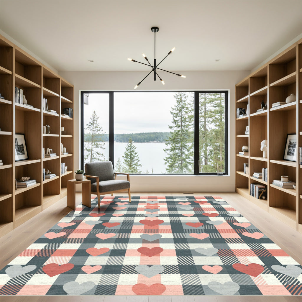 Blush and Charcoal Plaid Heart Rug
