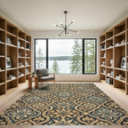 Elegant Gold and Blue Damask Scroll Rug