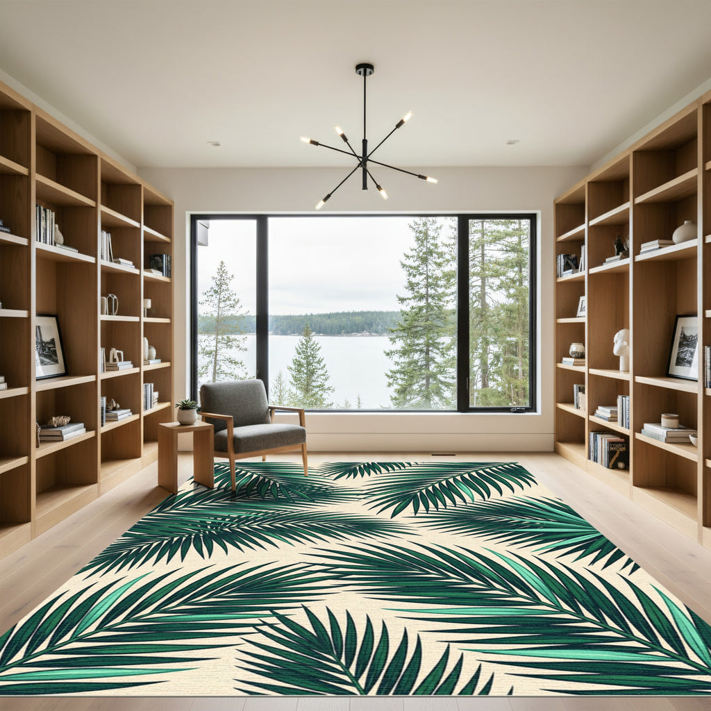 Lush Tropical Green Palm Foliage Rug
