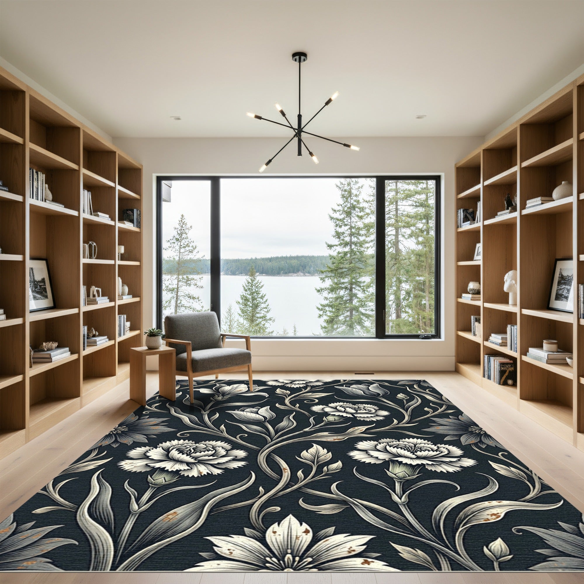 Dark Floral Victorian Botanical Scroll Rug