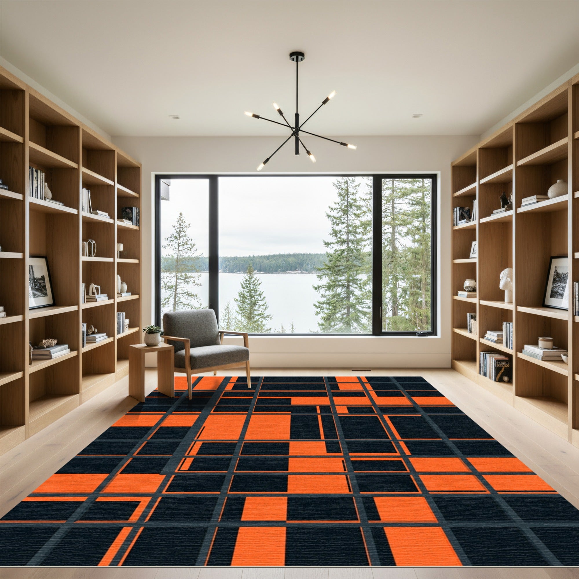 Modern Orange Black Abstract Geometric Grid Rug