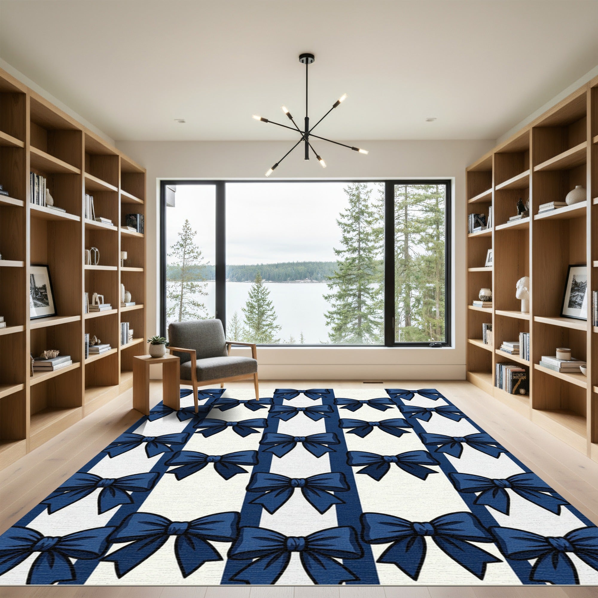 Elegant Navy Blue Bow Striped Rug