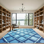 Azure Geometric Framed Diamond Grid Rug