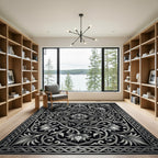 Detailed Black Silver Floral Scroll Rug