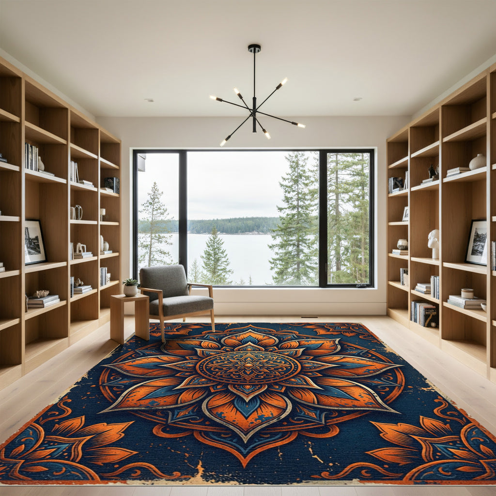 Ornate Amber Blue Lotus Medallion Rug