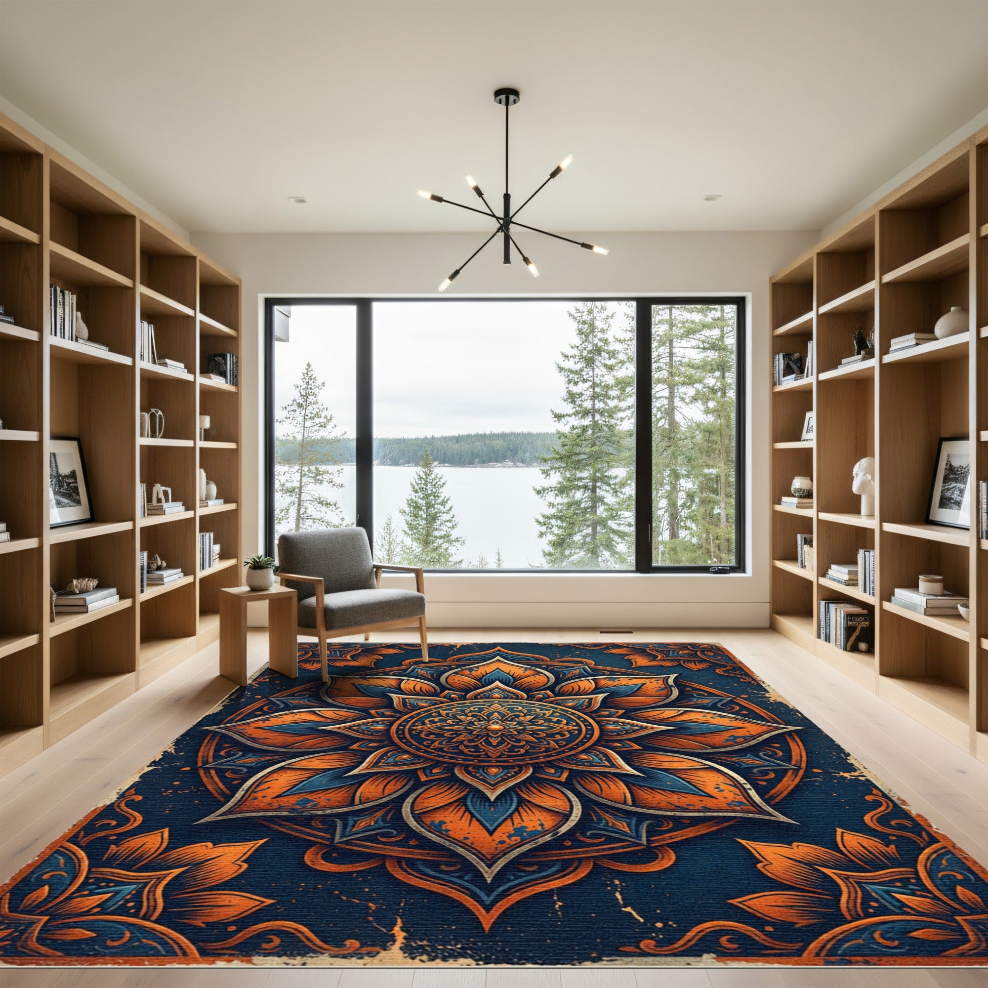 Ornate Amber Blue Lotus Medallion Rug