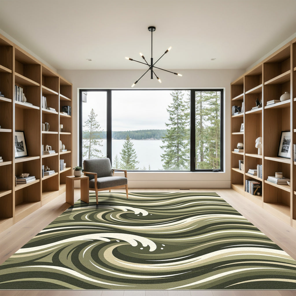Earthy Green Oceanic Wave Rug