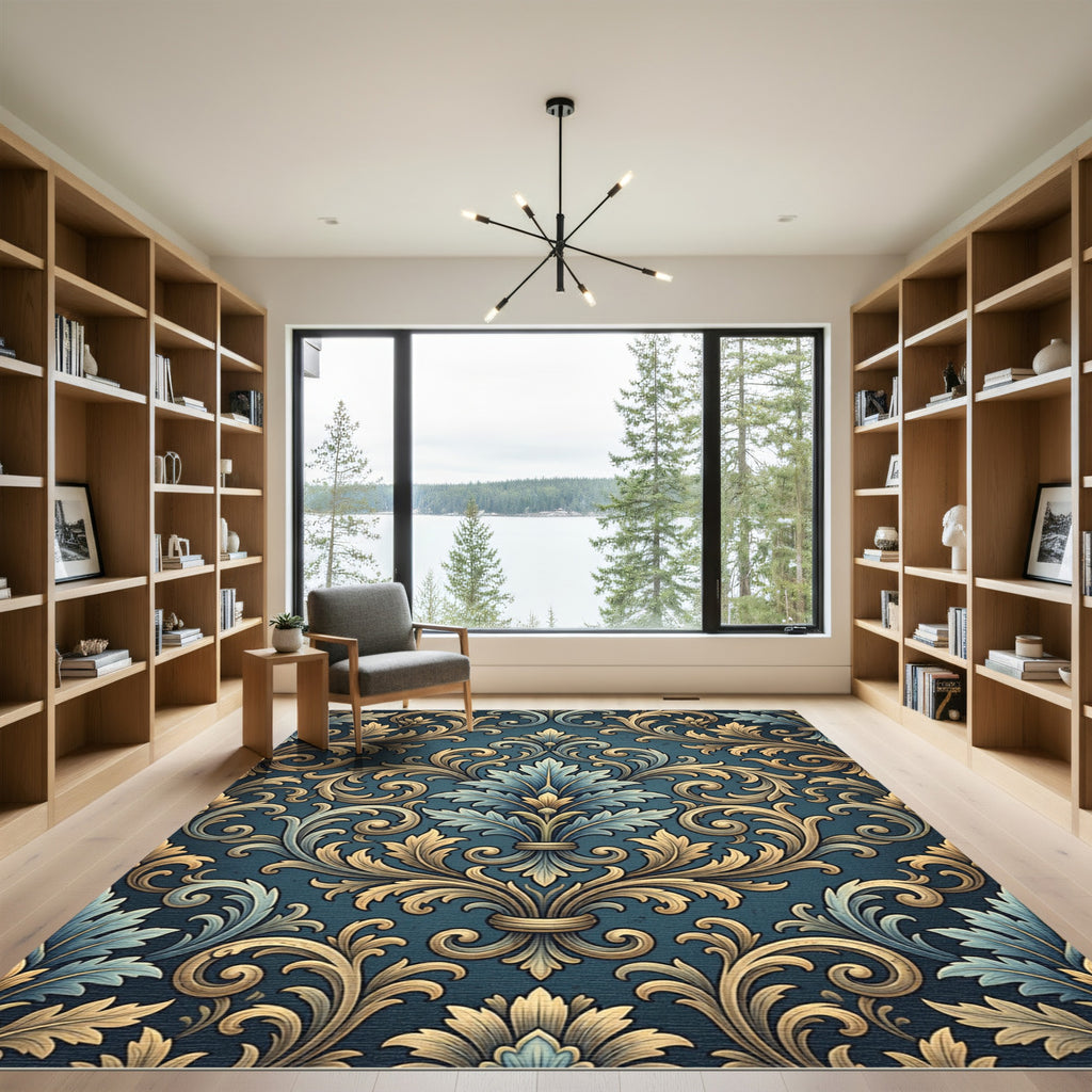 Ornate Teal Gold Acanthus Scroll Rug