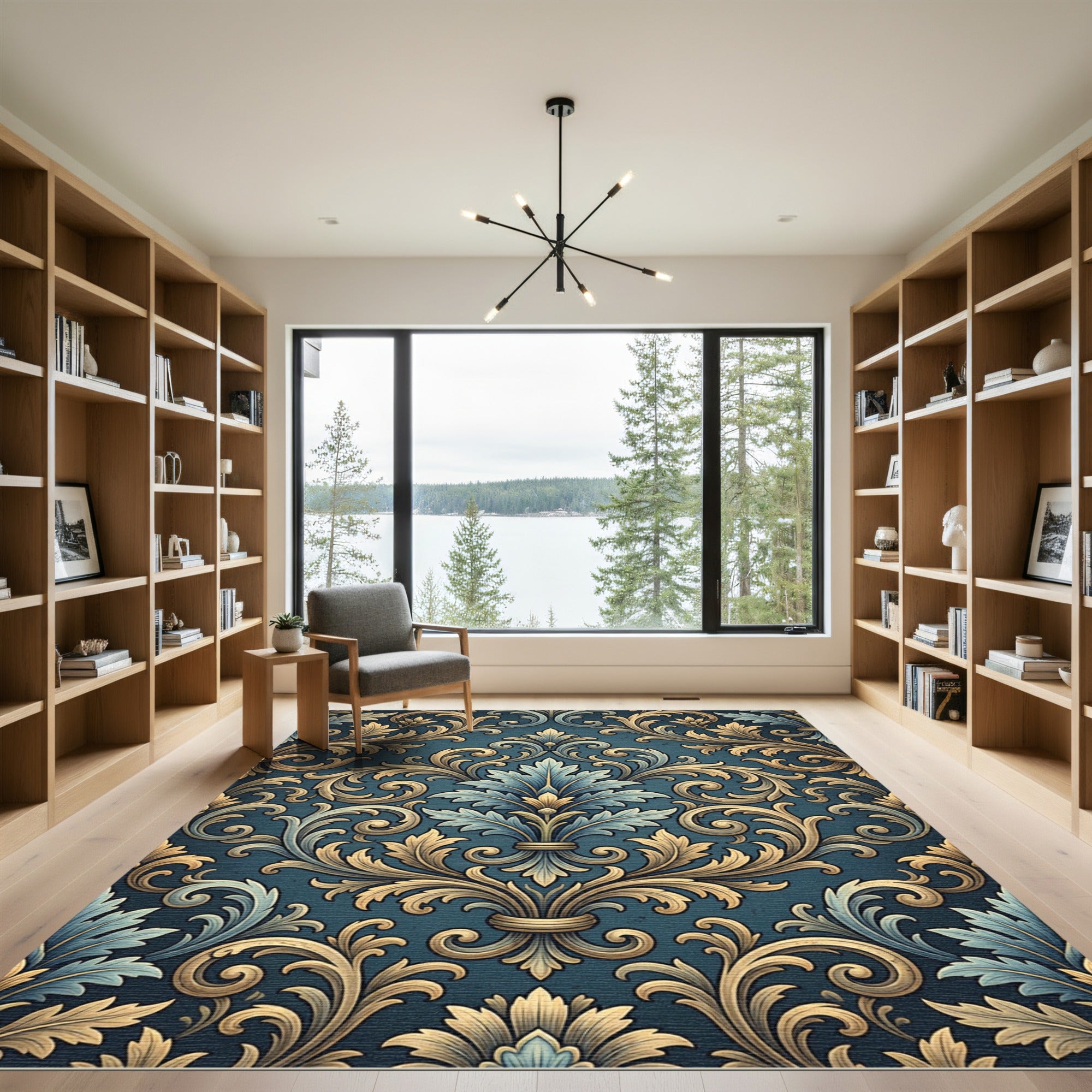 Ornate Teal Gold Acanthus Scroll Rug