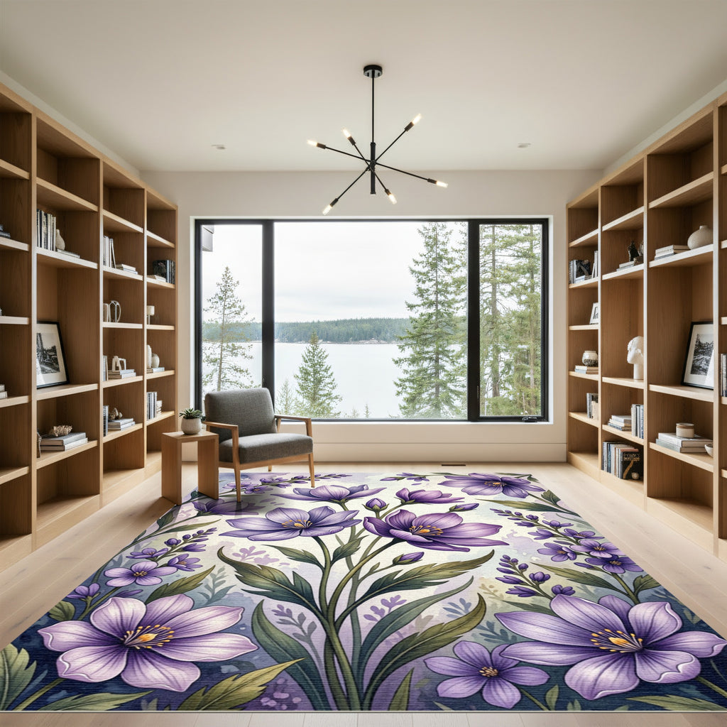 Watercolor Purple Botanical Garden Meadow Rug