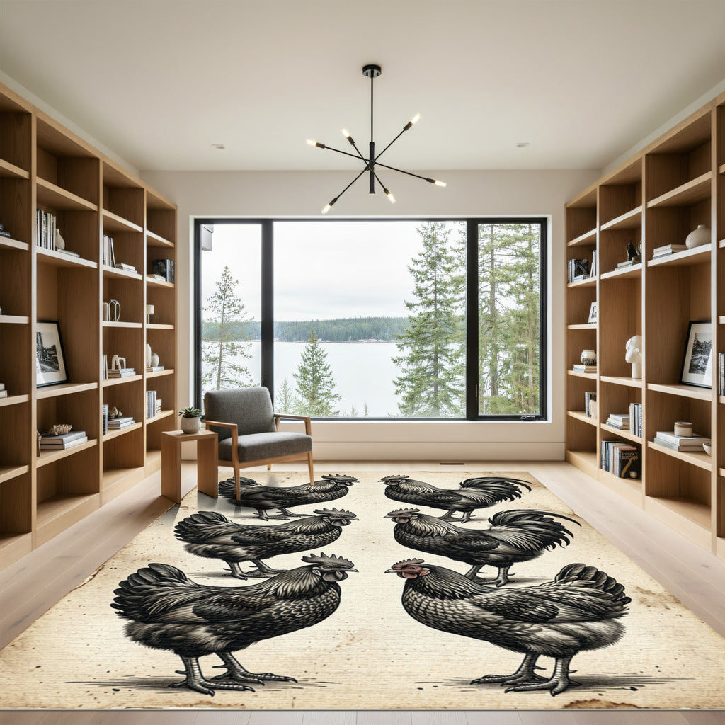 Monochromatic Rooster Farmhouse Sketch Art Rug